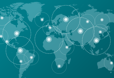 World map graphic with circles representing communication and global collaboration